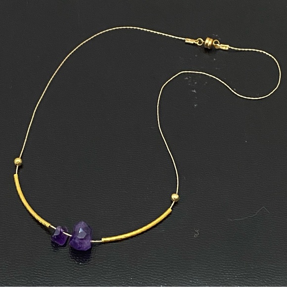 Natural Raw Amethyst Pendant Magnetic Clasp Gold-tone Skinny Chain Necklace - Picture 1 of 15